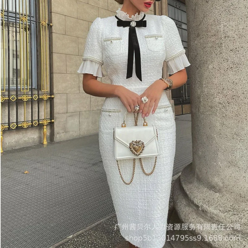 Women's Fashion Dress Summer Slim High Waist Stand Collar Dress Women's Short Sleeve Beaded Stitching Bow Dress