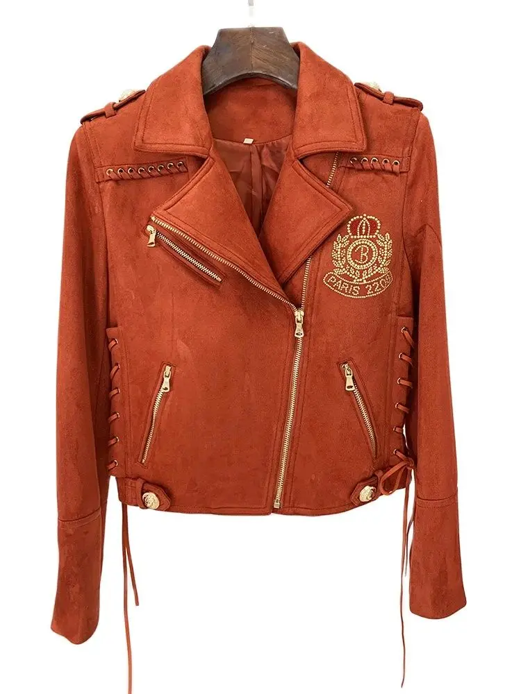 HIGH STREET Newest 2024 F/W Designer Jacket Women's Rope Lacing Up Logo Beaded Synthetic Suede Leather Motorcycle Biker Jacket