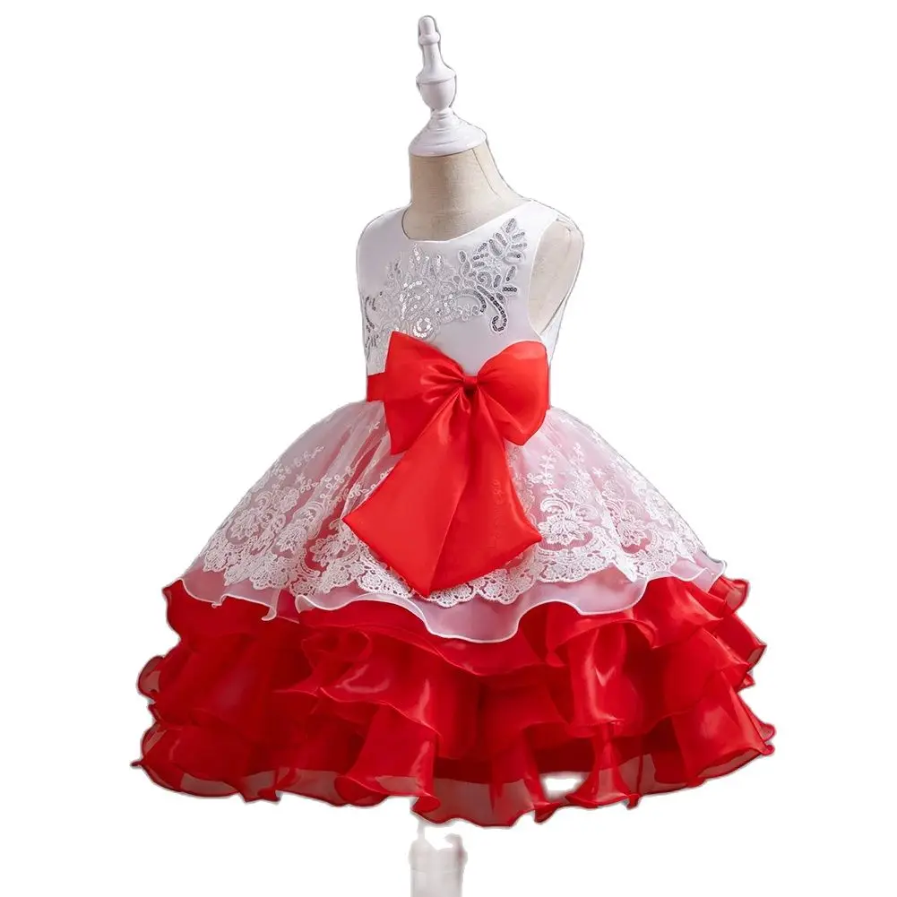 939 Cute red bow girl multi-layer cake princess Dress suitable for casual wear on Children\'s Day outings