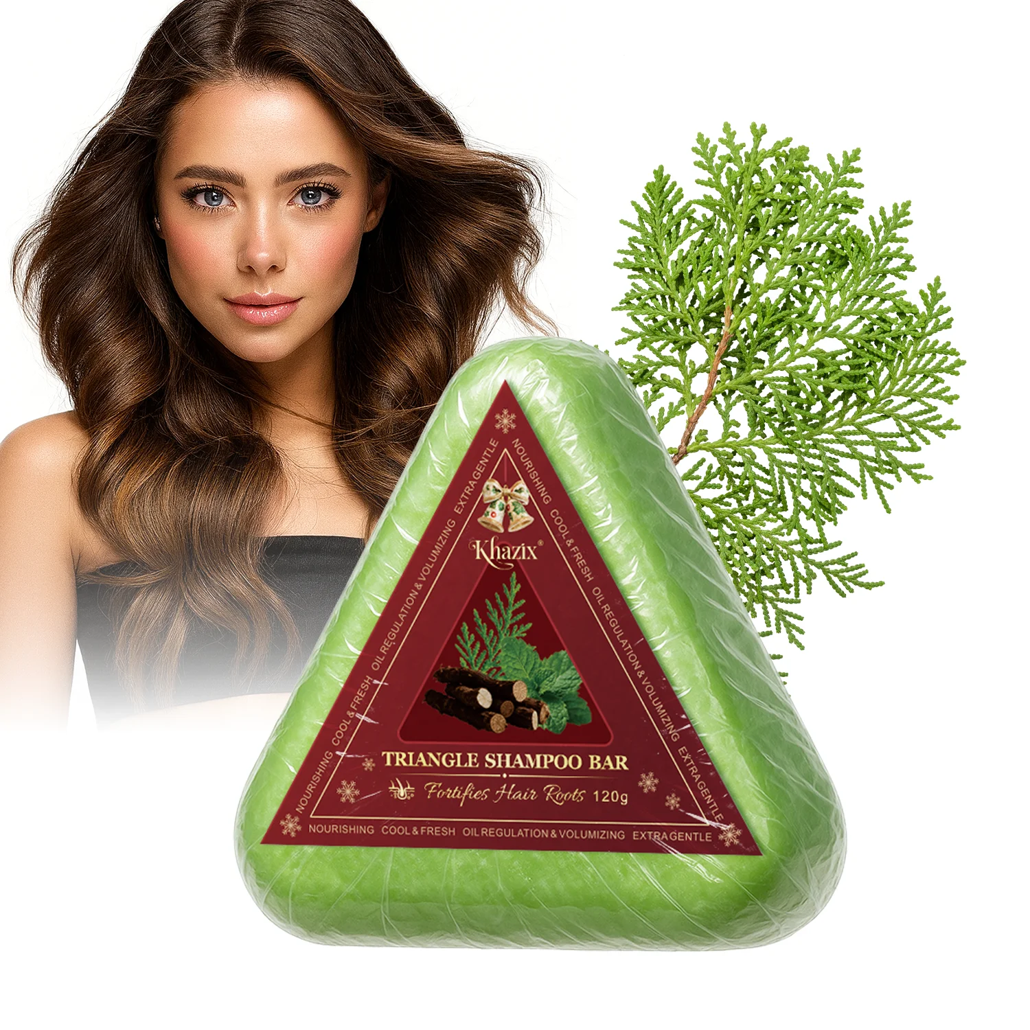 قالب شامبو صابون المثلث الأخضر مع عشب عثماني - قالب شامبو صلب من أوراق السرو الطبيعية للعناية بالشعر العشبي الطبيعي والراحة.