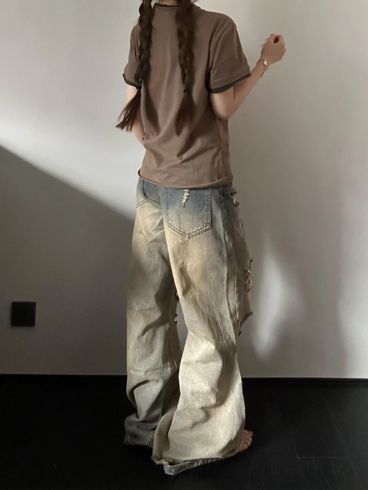 Sweet Cool Spicy American Style Faded Denim Jeans Women Summer Design Loose Slim Straight Wide Leg Long Pants High Waist