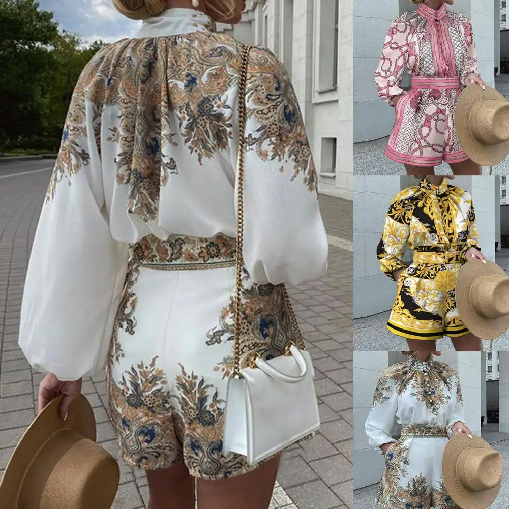 Conjunto de temperamento para mujer, traje elegante de oficina para mujer, pantalones cortos de camisa de cuello alto, cintura alta, botonadura