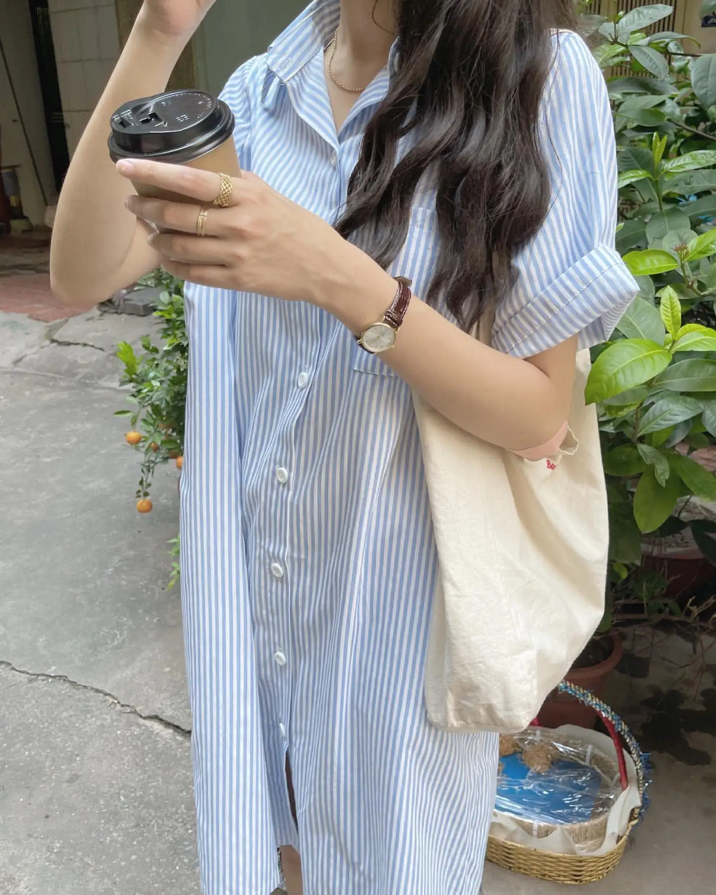 Summer New Stripe Shirt Dress Women's Base Layer Short Sleeve Thin Top Middle Length  Collar Single Piece Other 100%