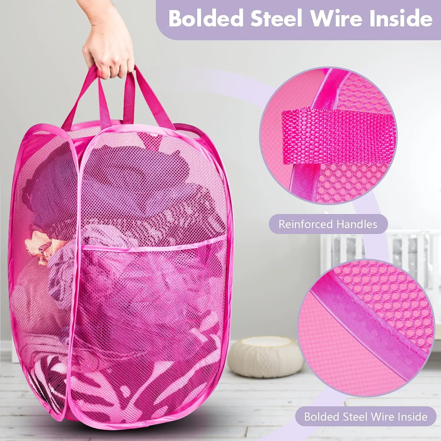 Pop Up Laundry Hamper 70L Collapsible Mesh Basket with Side Pocket and Sturdy Handles for Dorm Bedroom Travel Storage Pink - view 3