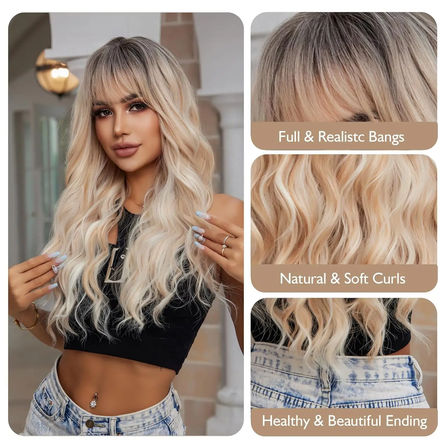 Long Wavy Wigs Blonde Wigs With Bangs For Women Platinum Stripe Highlight Long Curly Wavy Wig With Dark Roots Synthetic Hair Wig