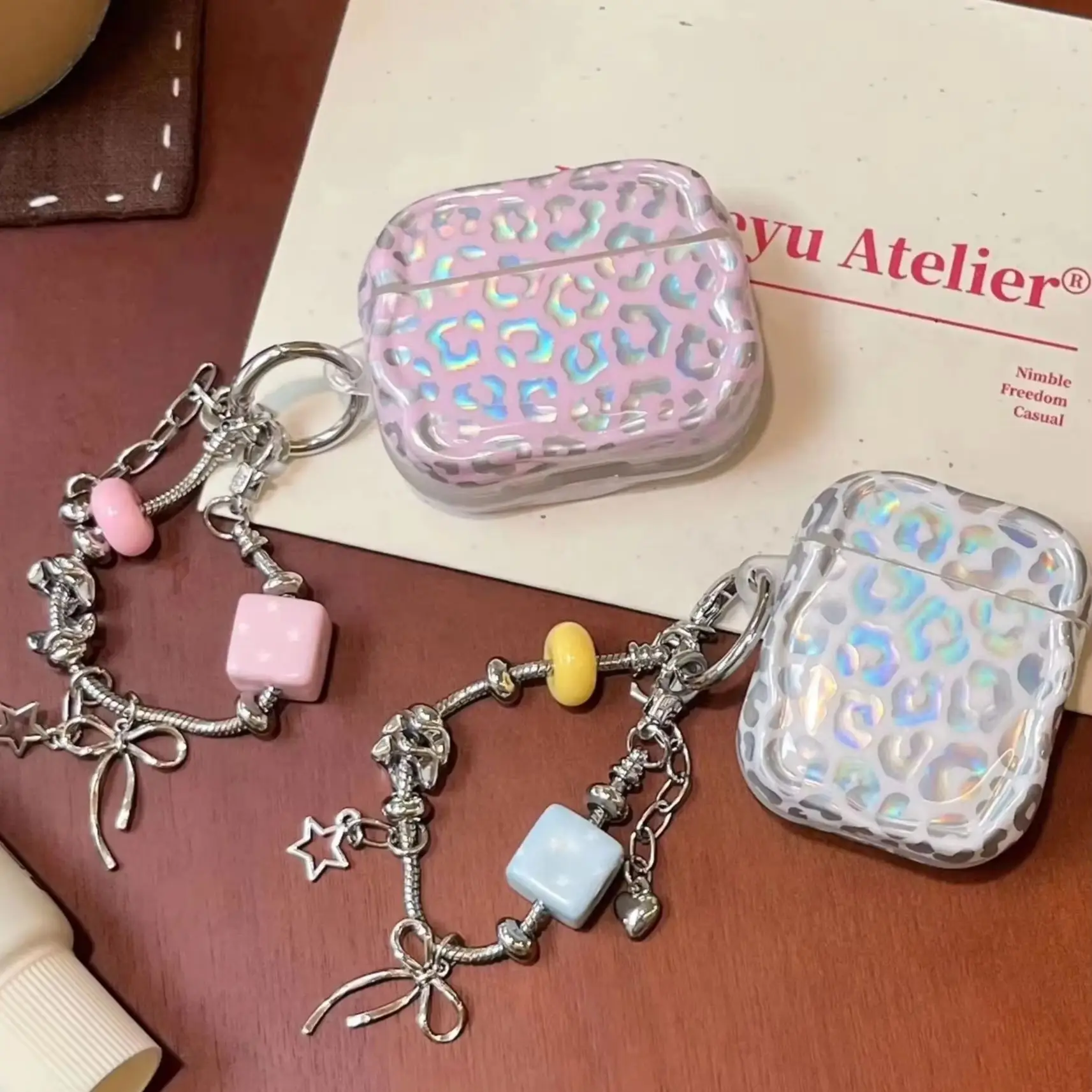 Full Screen Gilding Leopard Print Pink White Glossy Surface Earphone Cover Case For AirPods 1 2 3 4 5 Pro Pro2 Pro3 with Pendant