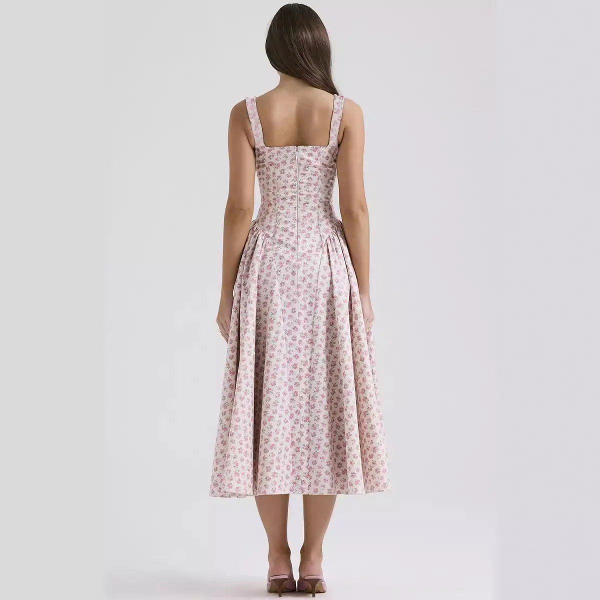 Summer new floral camisole long dress with exposed back print elegant French dress temperament large swing dress2024