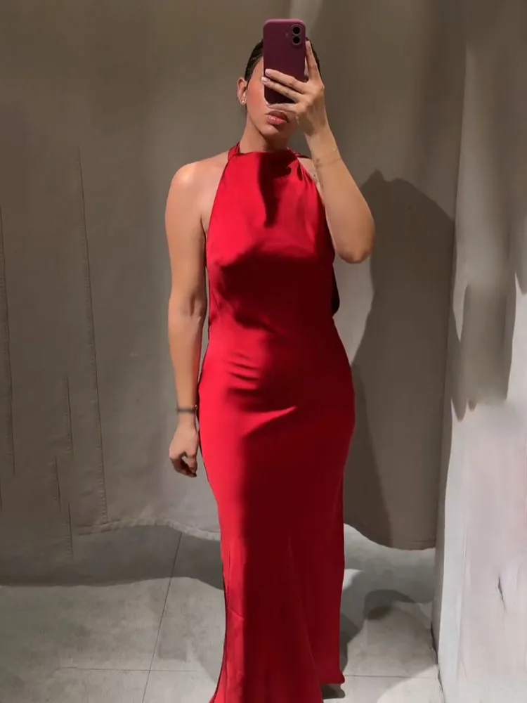 HH Frau Frühling Mode Ärmellose Sexy Backless Halter Kragen Seide Satin Textur Langes Kleid Weibliche Elegante Chic Bankett Kleid