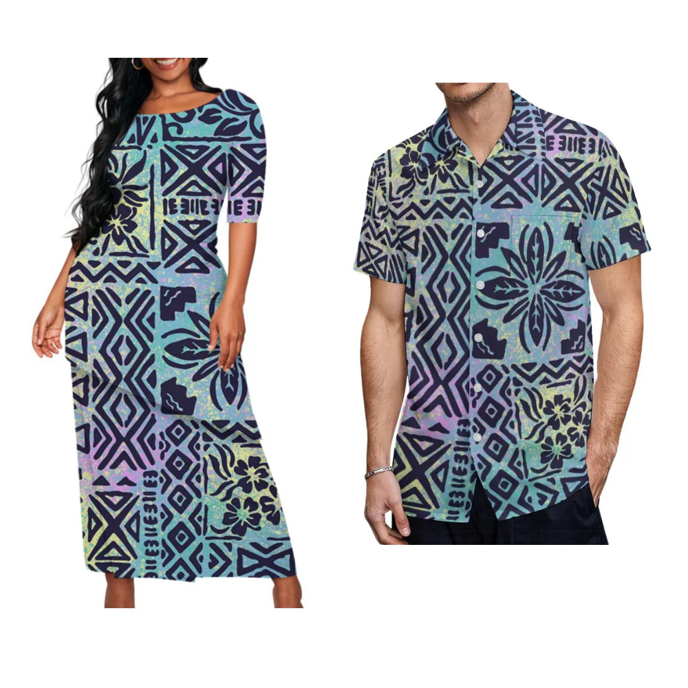 

2024 Samoa Couple Suit Custom Polynesian New Women'S Puletasi Elegant Suit Skirt Hawaiian Men'S Formal Shirt Casual Party