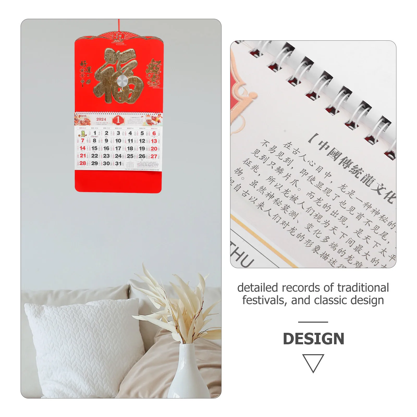 

Подвесной настенный календарь с золотой фольгой на 2024 год, лунный китайский традиционный новогодний календарь, календари на год дракона, настенные календари на 2024 год