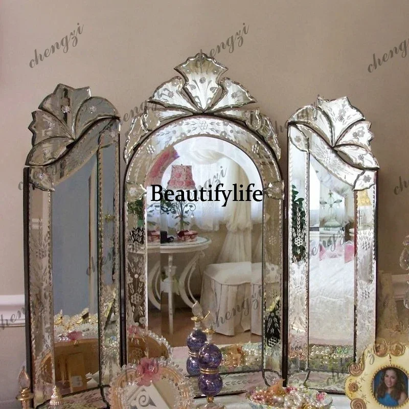 Carved tri-fold mirror European neoclassical bedroom makeup mirror Venetian mirror