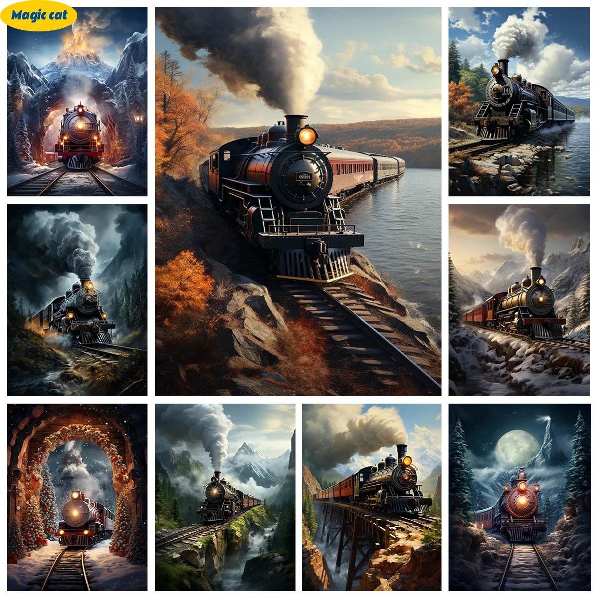 Steam Train DIY AB Diamond ricamo Retro Train and Landscape Mosaic 5D Diamond Art Painting punto croce Home Wall Decor Gift