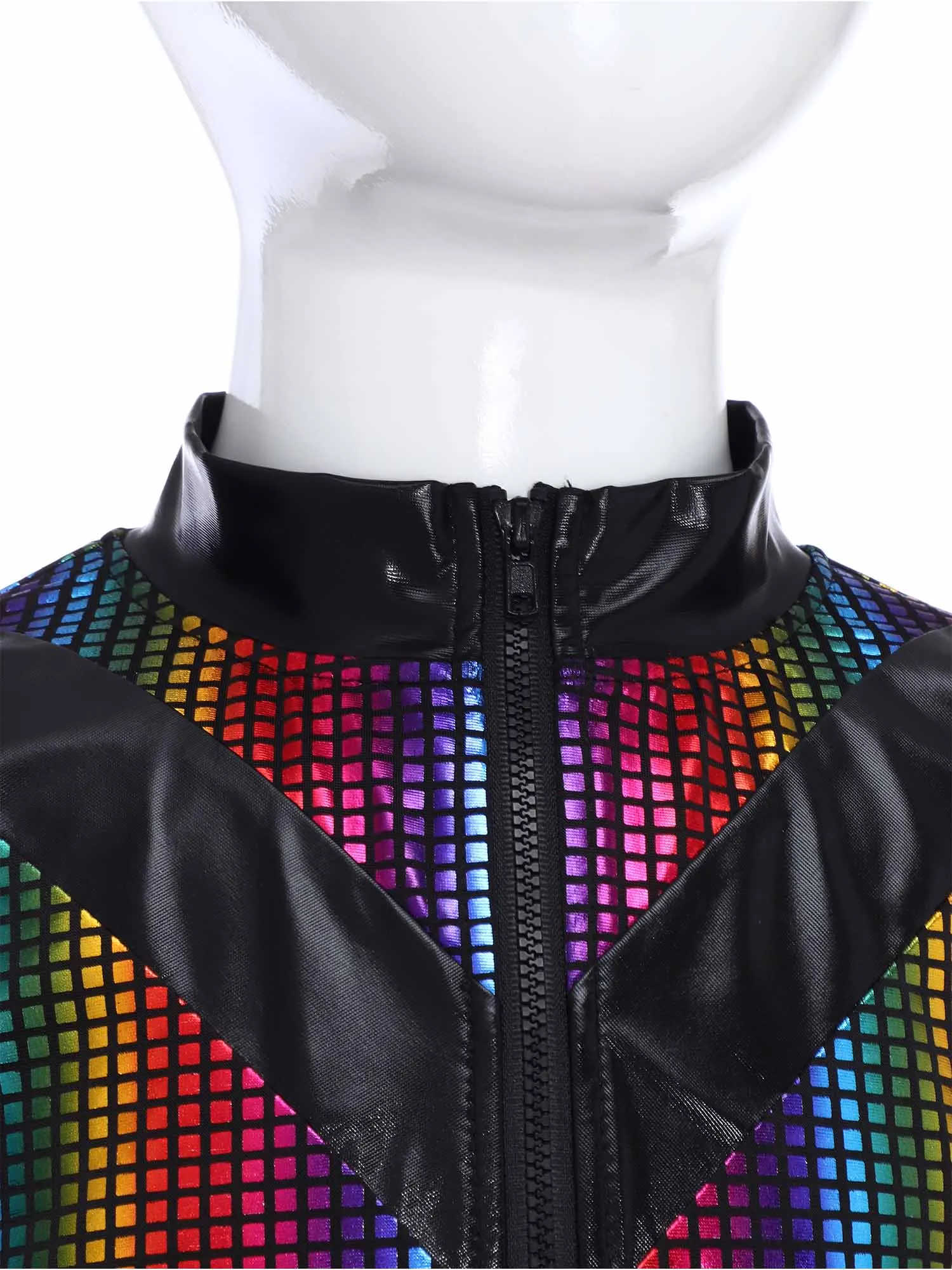 

Kids Girls Boys Hip-Hop Street Jazz Dance Outfit Long Sleeve Front Zipper Metallic Plaid Color Block Jacket Coat+Trousers Pants