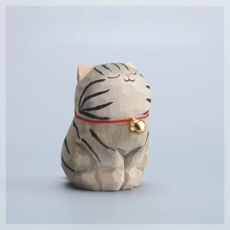 Handmade Wooden Tiger Spotted Cat Ornament American Shorthair Cat Animal Model Desktop Decoration Christmas Holiday Gift