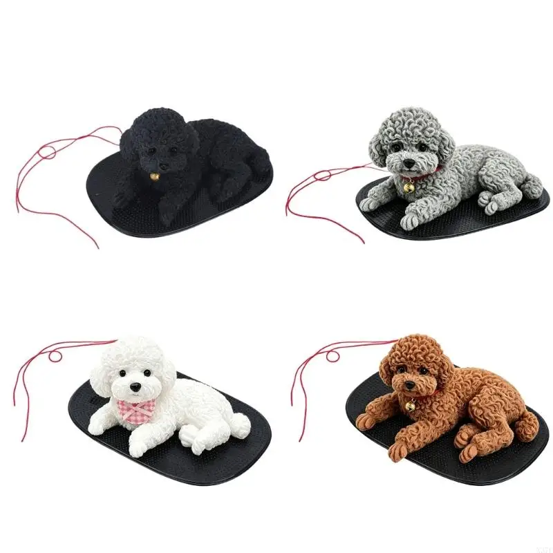 Curly-Haired Dog Dashboard Ornament with Lying-Pose Figure, Nonslip Mat, and Direct Set-In-Place Vehicle Decoration X37F