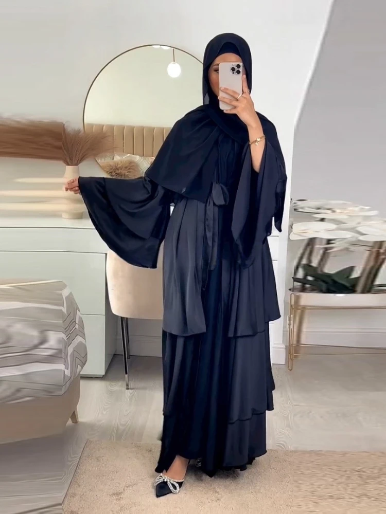 Eid Abayas for Women Muslim Satin 3 Layers Jalabiya Ramadan Robe Cake Dress Ramadan Caftan Long Dresses Vestido Largo Cardigan