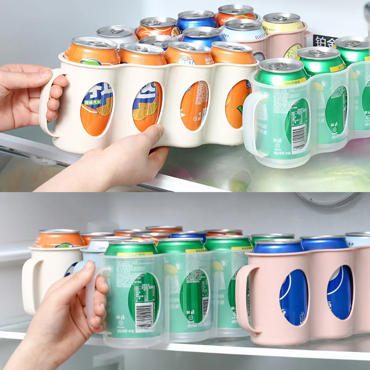 

2Pcs Hand Pull Type Refrigerator Organizer Beverage Can Storage Box Plastic Holder 4 Section Space Saving Kitchen