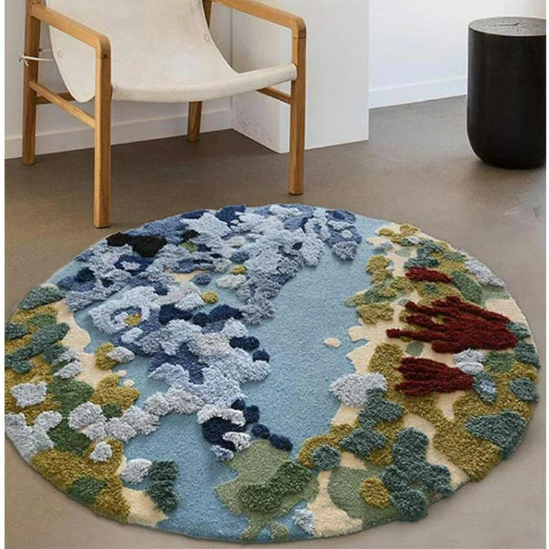 Handmade Ocean Secret Mossy Wool Round Carpet Living Room Luxury Coffee Table Mat Bedroom Bedside Blue Area Rug Room Decor