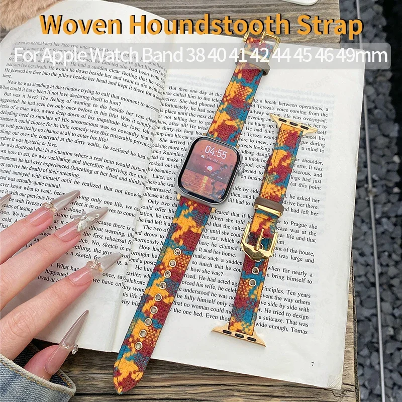 

Woolen Woven Houndstooth Strap for Apple Watch Band 40mm 45mm 44mm 42 46 Women Pu Leather Wrist for Iwatch 10 9 8 7 6 5 Bracelet