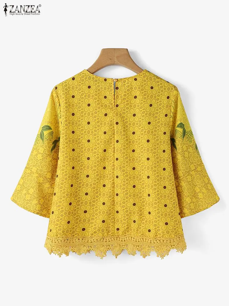 ZANZEA mode Vintage femmes Blouses 3/4 manches imprimé fleuri hauts 2025 automne col rond HolidayShirts décontracté femme Blusas vêtements