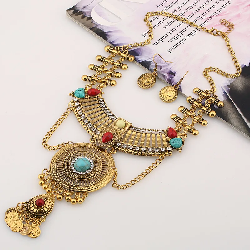 Boho Retro Golden Necklace Earrings Set For Women Luxury Turquoises Long Pendant Earrings Set Indian Bollywood 2023 Jewelry