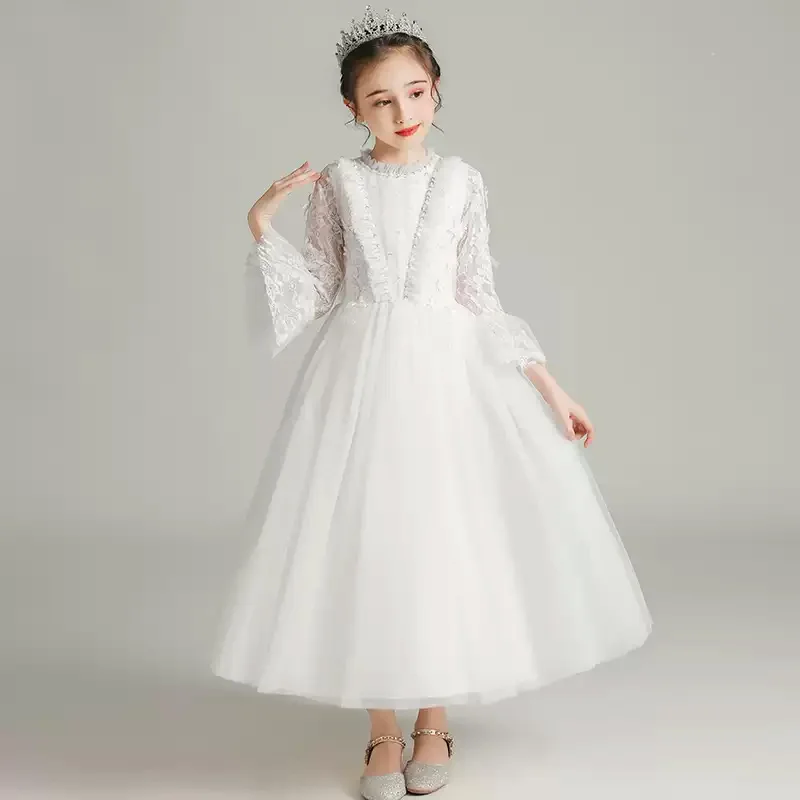 A girl's lace long-sleeved flared sleeve, magnificent first Communion dress, festival dress, birthday, graduation /Customized