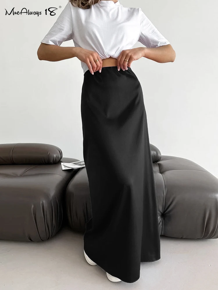 Mnealways18 Black Satin Floor-Length Skirts Women Summer 2024 High Waist Casual Long Skirts Office Ladies Flowing Midi Skirts