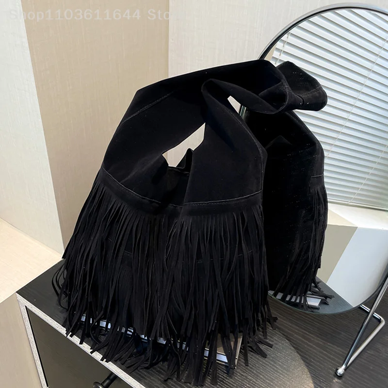 

1PC Women Frosted Tassel Shoulder Bag Faux Suede Fringe Underarm Bag Large Capacity Travel Tote Handbag Female Shopping Bag