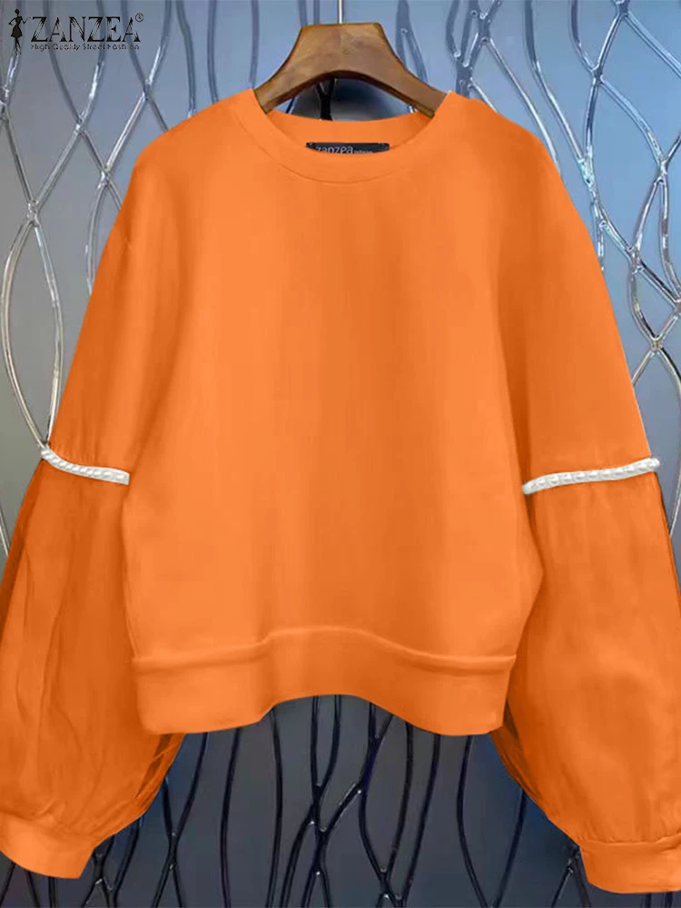 Zanzea-女性のためのヴィンテージパールメッシュスプライシングパーカー、長袖プルオーバー、カジュアルスウェットシャツ、韓国ジャンパー、ファッション、秋、2024