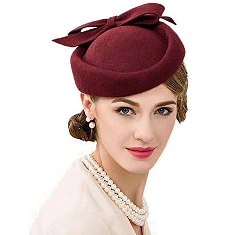 Women Church Fascinators Hats Black Vintage Wool Wedding Pillbox Tea Party Hat Fedora Felt Fedora Red For Ladies Derby Hat