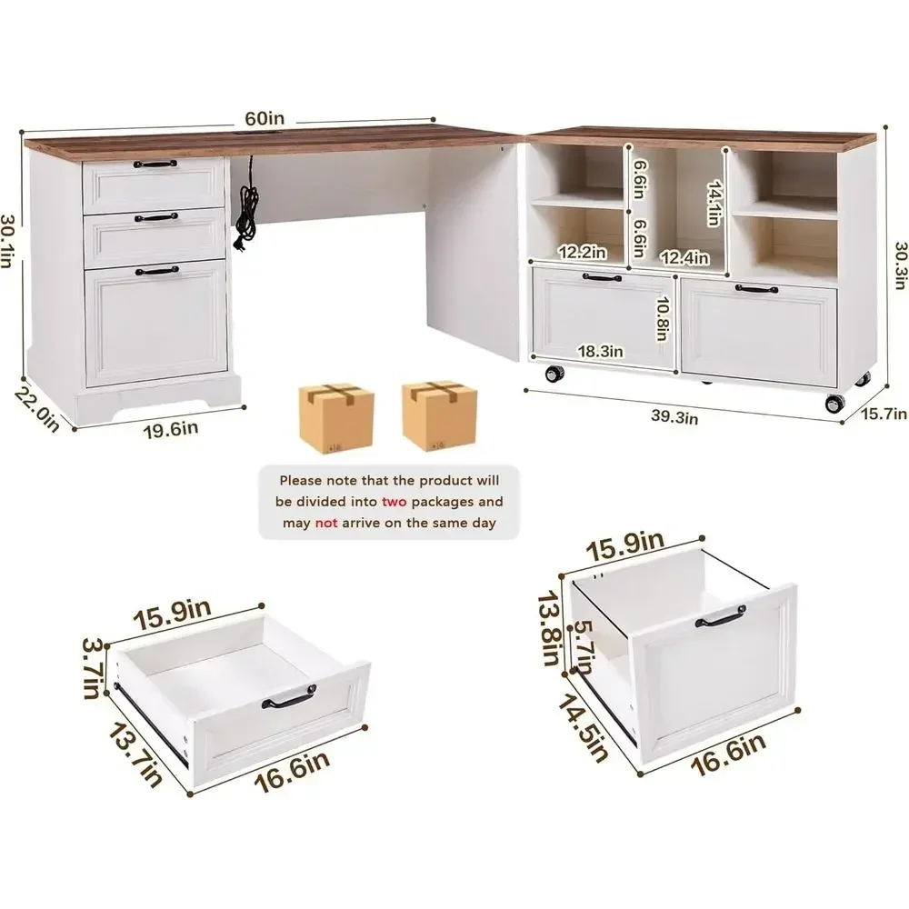 60 L-Shaped Desk with Mobile File Cabinet, Charging Station, Ideal for Home Office and Study
