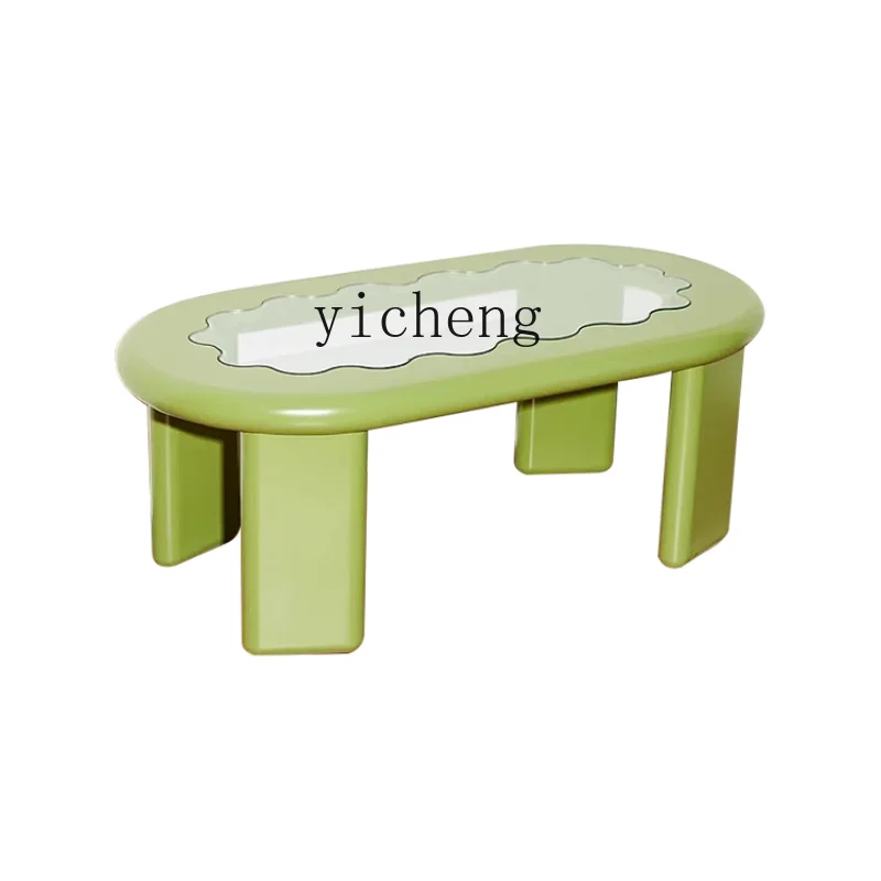 ZK Cream Style Avocado Green Small Coffee Table FRP Small Apartment Oval Long Table Home Living Room