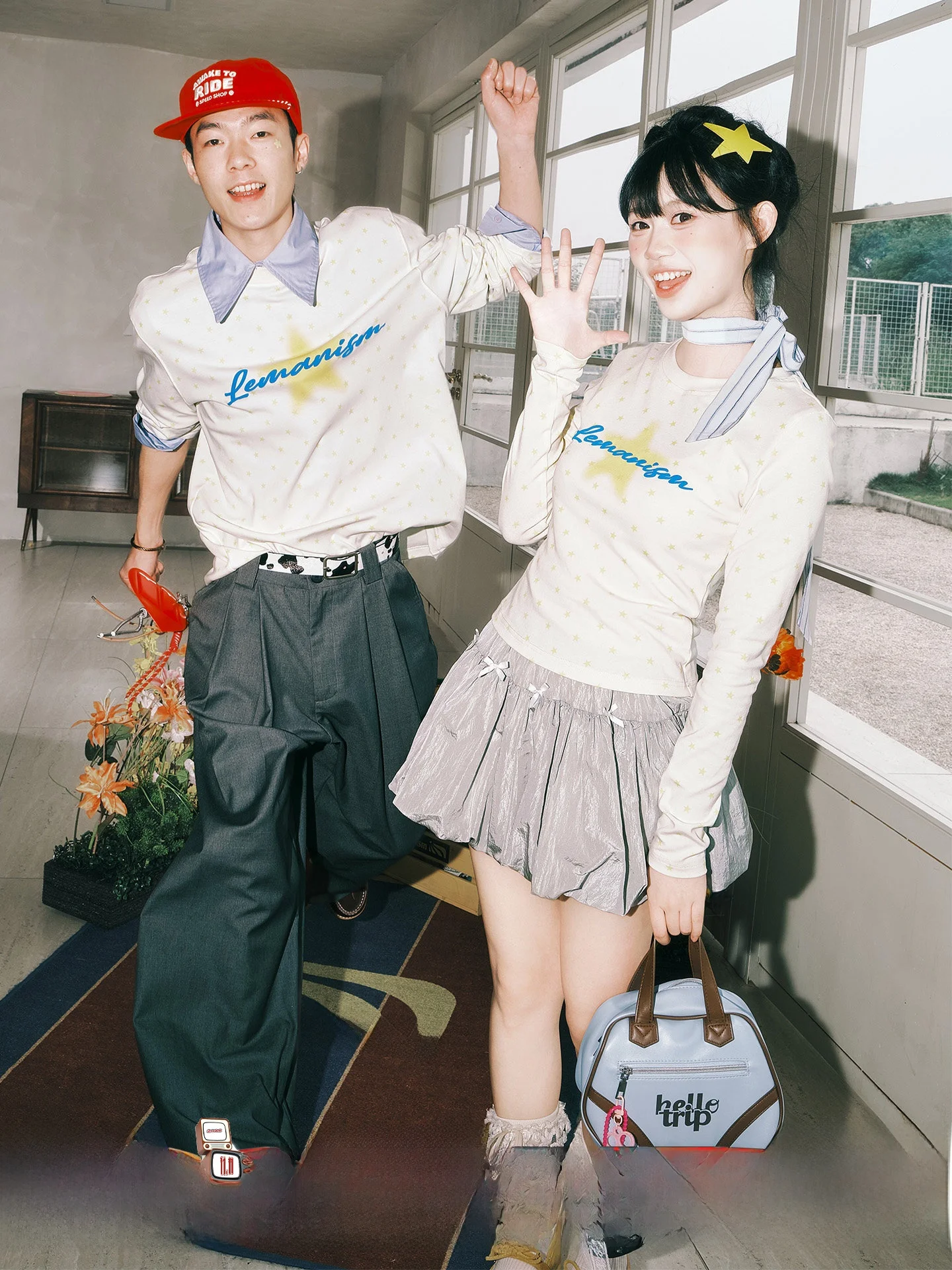 Lemanism American Style Long Sleeve T-Shirt Couple's Star Print Loose Fit Youth Fashion Cotton Polyester Summer Top