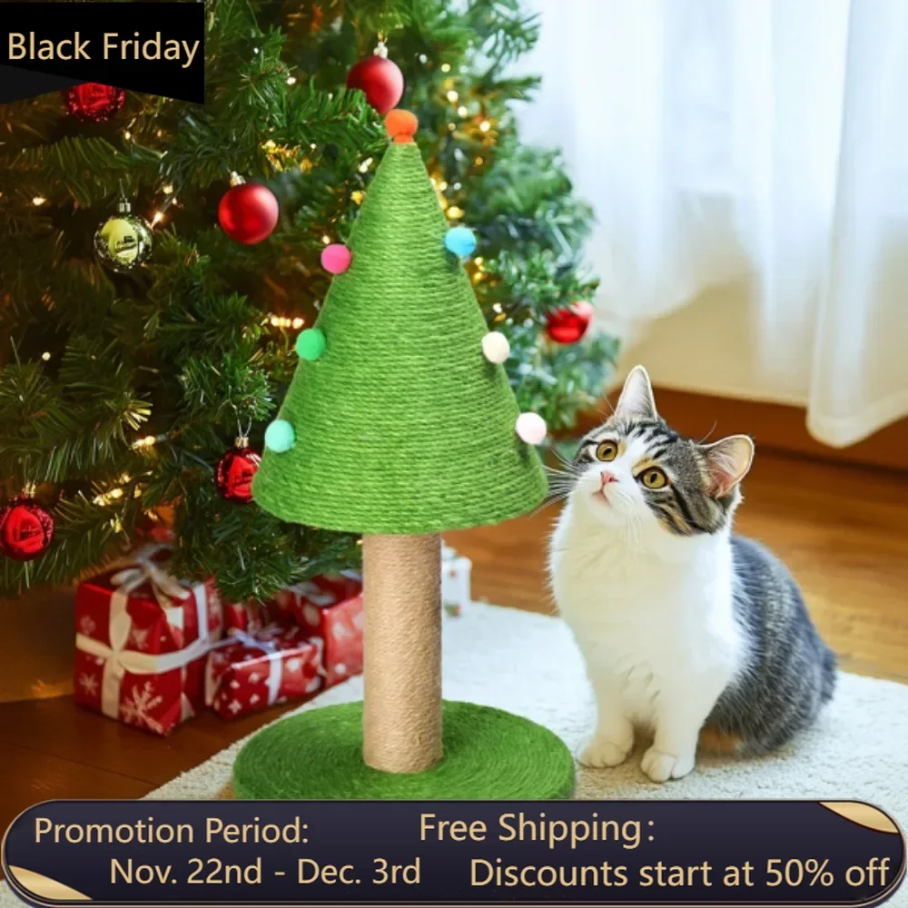 25in Christmas Tree Scratching Post, Cute Cat Scratcher with Natural Sisal Covered Frame & Colorful Little Balls for Indoor Cats