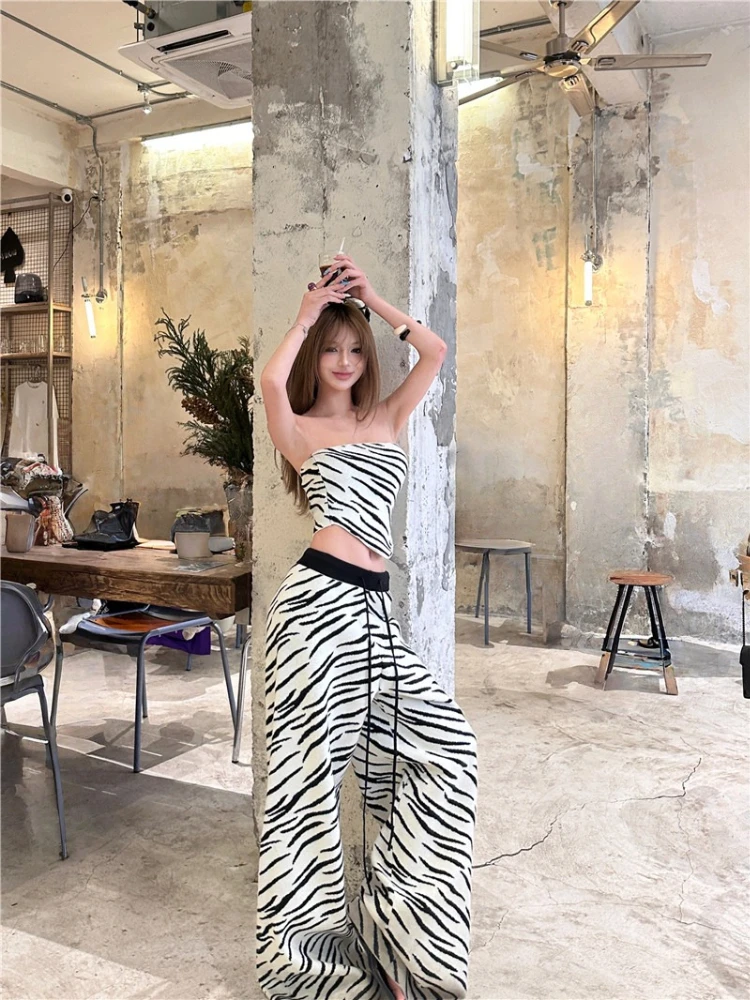 

American style spicy girl zebra print high street two-piece set sleeveless strapless vest contrasting color wide leg pants
