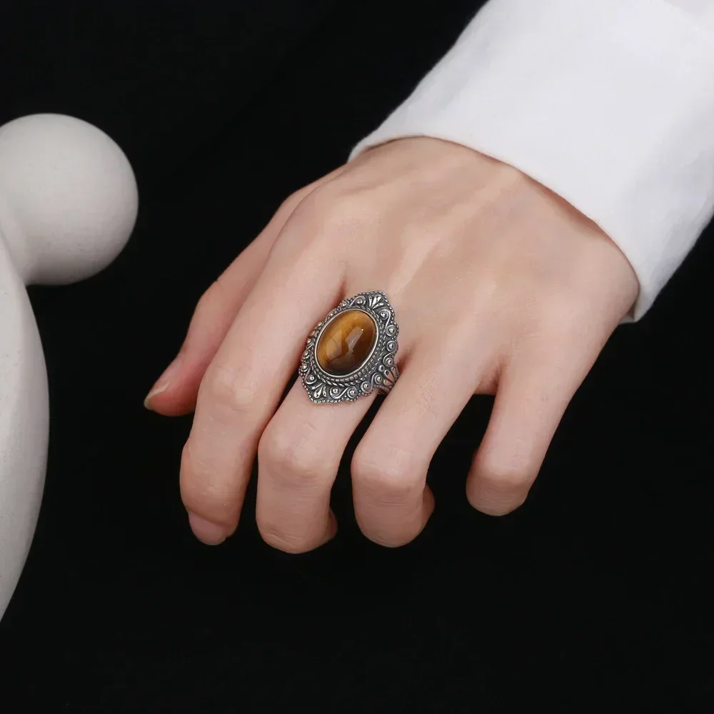 Oval Tiger Eye 925 Sterling Silver Natural Stone Ring Engagement Party Gift for Men Women Retro Jewelry