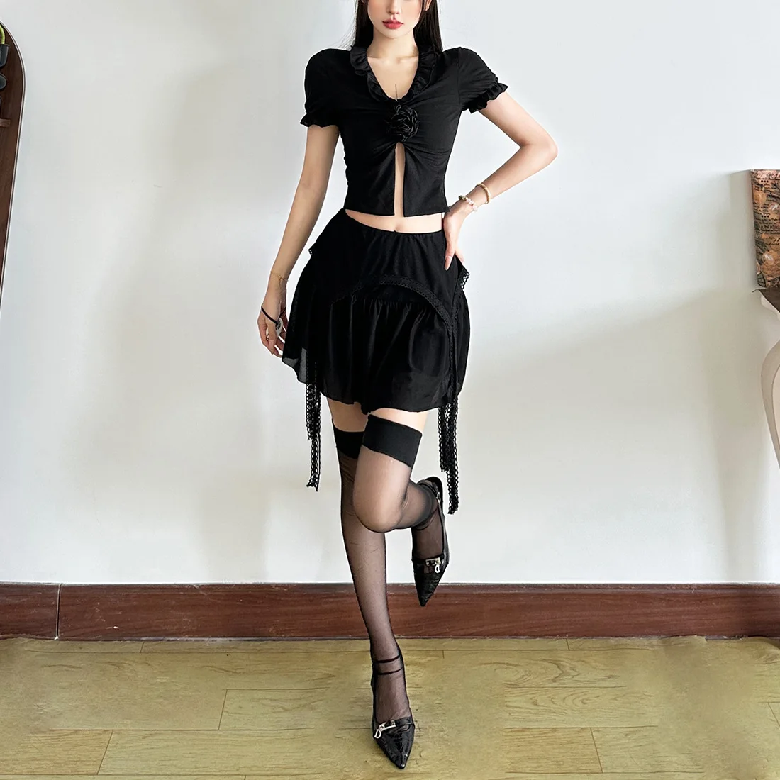 

Y2k American Sexy Hot Girls Skirts Women Hollow Lace Mesh Shirt Irregular Mini Shirt Retro Fashion Causal Skirt