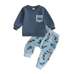 Baby Boy Fall Outfit Duck Print Long Sleeve Sweatshirt and Elastic Pants 2 Piece Jogger Clothes for Toddler