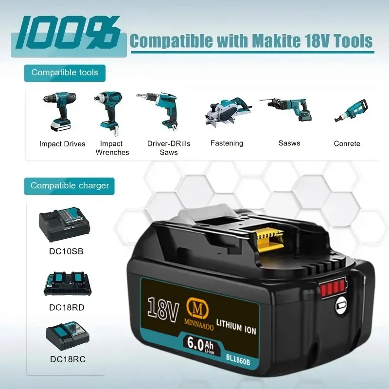 

Baterias for makita 18V Battery 6.0Ah,Replaceable LED Lithium-ion,for makita 18v tools original LXT BL1860B BL1860BL1850 BL1830