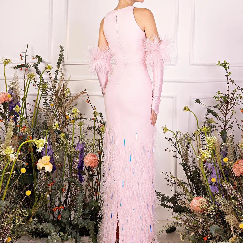 Exquisite Jersey Straight shawl Detachable Sleeve Feathers Sequined and Crystal Evening Dress Back Slit Zipper Back Floor Length