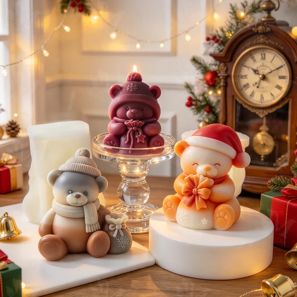 3D Christmas Teddy Bear Silicone Mold - Cute Bear Candle Mold for Plaster Resin DIY Home Decor