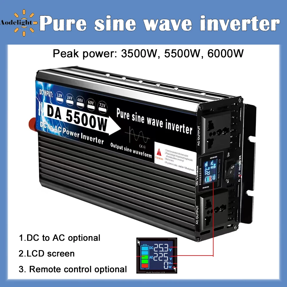

Pure Sine Wave Inverter DC 12V-72V to AC 110V 220V 3500W 5500W 6000W Transformer Power Solar Car Inverters LCD Converter Remote