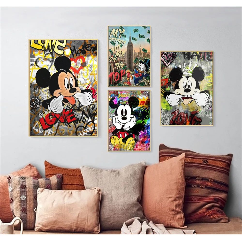 

MINISO Disney Graffiti Fashion Mickey Mouse Funny Art Canvas Prints Disney Wall Art Canvas Poster For Living Room Home Decor