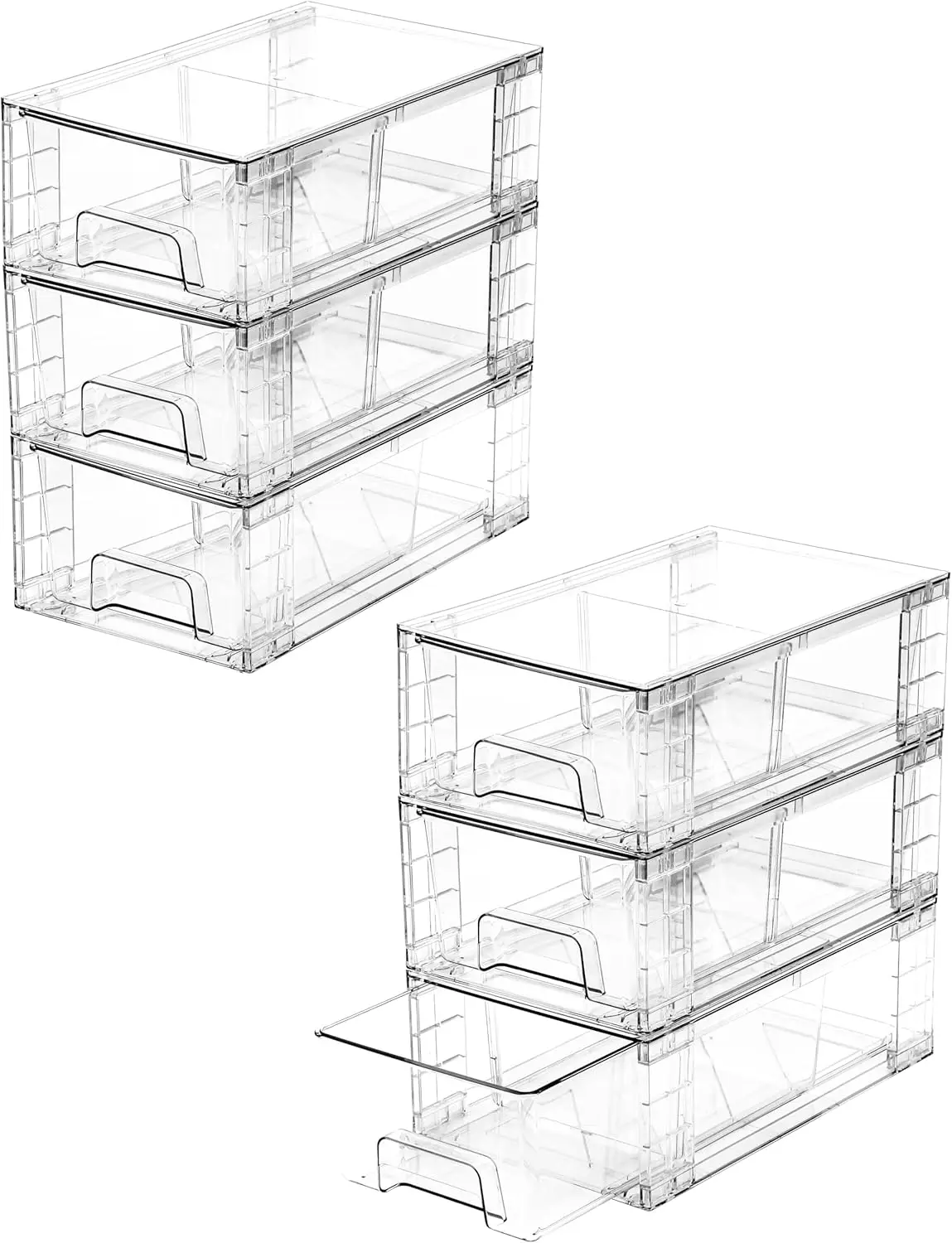 

6-Pack Clear Stackable Drawers with Dividers & Handles for Kitchen, Bathroom, Fridge Organization