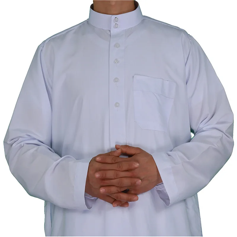 Jubah Abaya Islam putih pria, pakaian pria Muslim, kerah berdiri, Arab, Timur Tengah, Eropa, Amerika