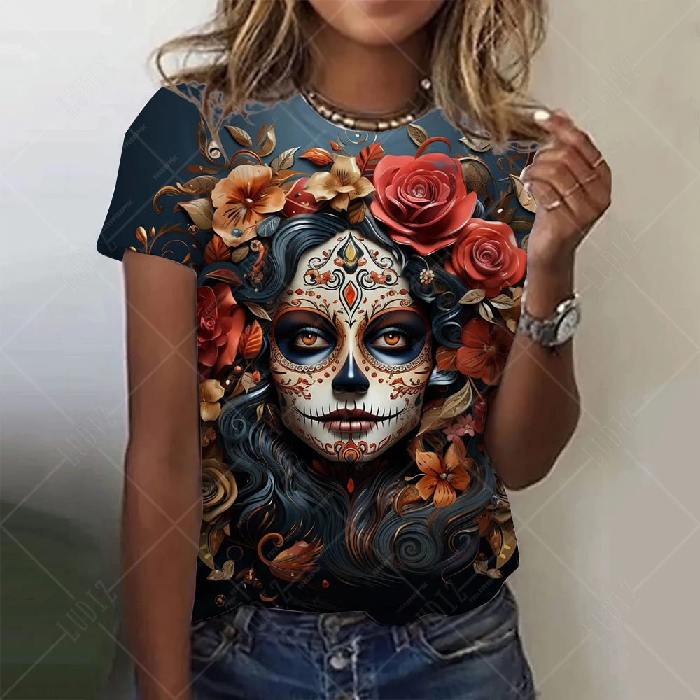 Mexican Day of the Dead Women\'s T Shirt 3D Print Rose Catrina Goddess O-Neck Short Sleeve Tees Streetwear Y2k Clothing For Girls