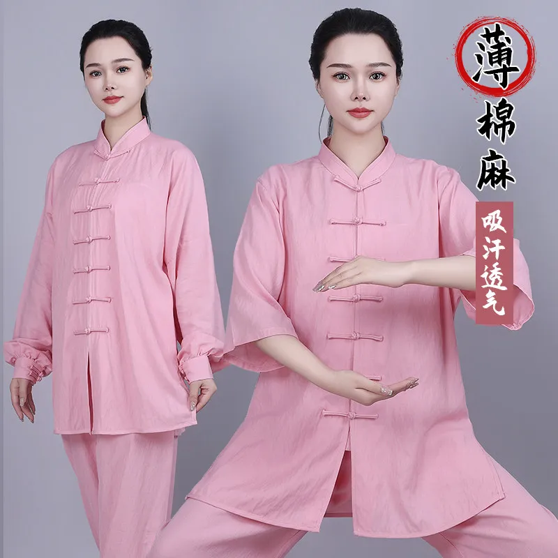 Lightweight Linen Cotton Tai Chi Suit Short Sleeve Senior Group Morning Exercise Martial Arts Training Wear Unisex Adults