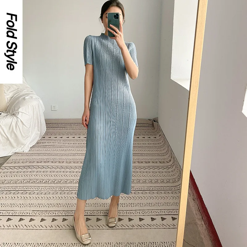 

Miyake Pleated Dress Women's Short Sleeve Long Dress Summer New Style Solid Color High Elastic Slim Mid Length Dress