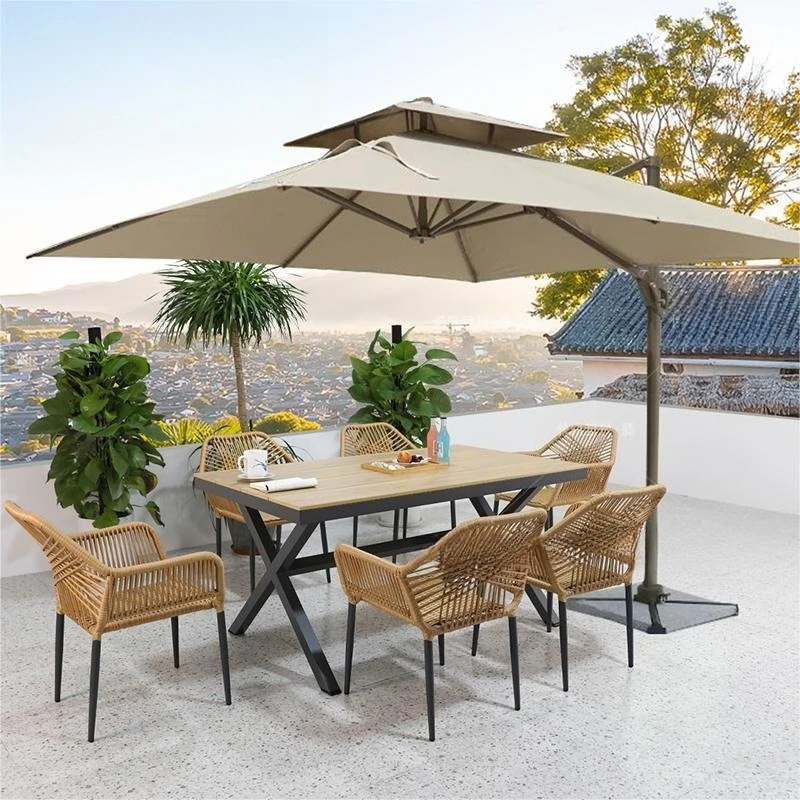 

Outdoor courtyard table and chair parasol combination garden rattan chair three-piece set, open-air balcony leisure table