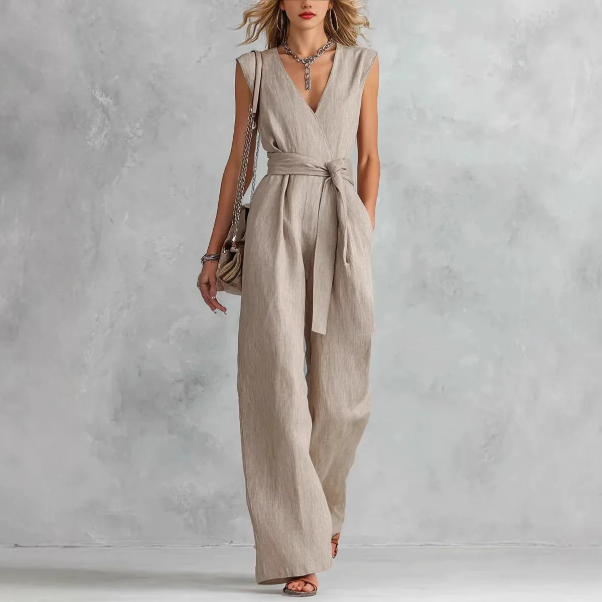 

Women's Sleeveless V Neck Solid Color Wide Leg Long Jumpsuit Waist Tie Belt Side Pocket Elegant Commuter Versatile Long Jumpsuit